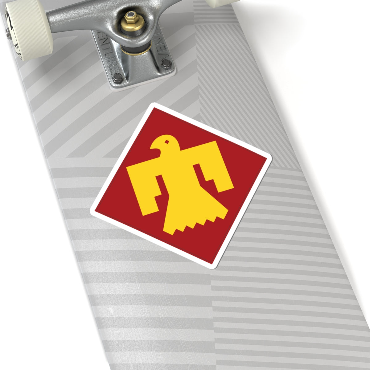 A kiss-Cut Stickers depicting The 45th Infantry Division, known as the "Thunderbird Division," was a National Guard unit primarily made up of troops from Oklahoma, New Mexico, Colorado, and Arizona. Its shoulder sleeve insignia (SSI) features a red Thunderbird on a gold background, symbolizing Native American heritage and strength.