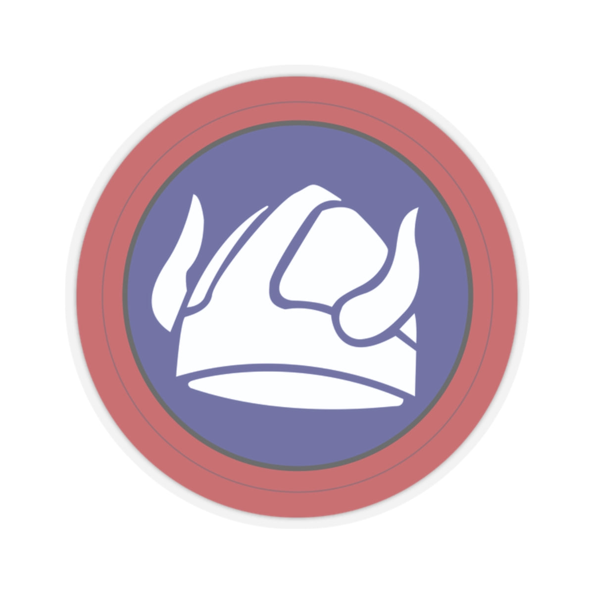 A circular sticker with a white design of a Viking helmet, surrounded by a red ring, against a blue background.