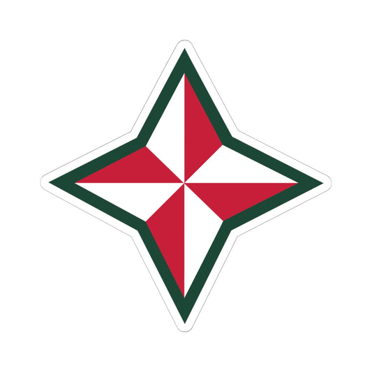 A shaped sticker with a design that resembles a star, predominantly white with red and green accents, likely representing the 48th Infantry Division.