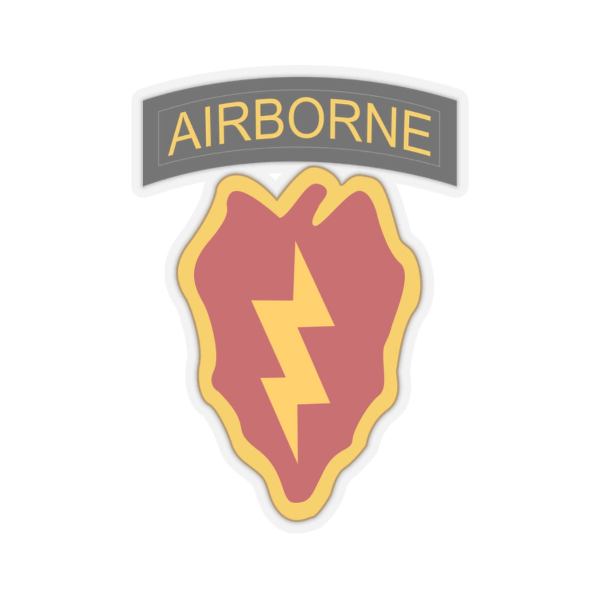 A kiss-Cut Stickers depicting the 25th Infantry Division, known as "Tropic Lightning," is based in Hawaii and is recognized for its rapid-response capabilities in the Pacific region. Its shoulder sleeve insignia (SSI) features a lightning bolt over a taro leaf, symbolizing speed and the unit’s Pacific heritage.
