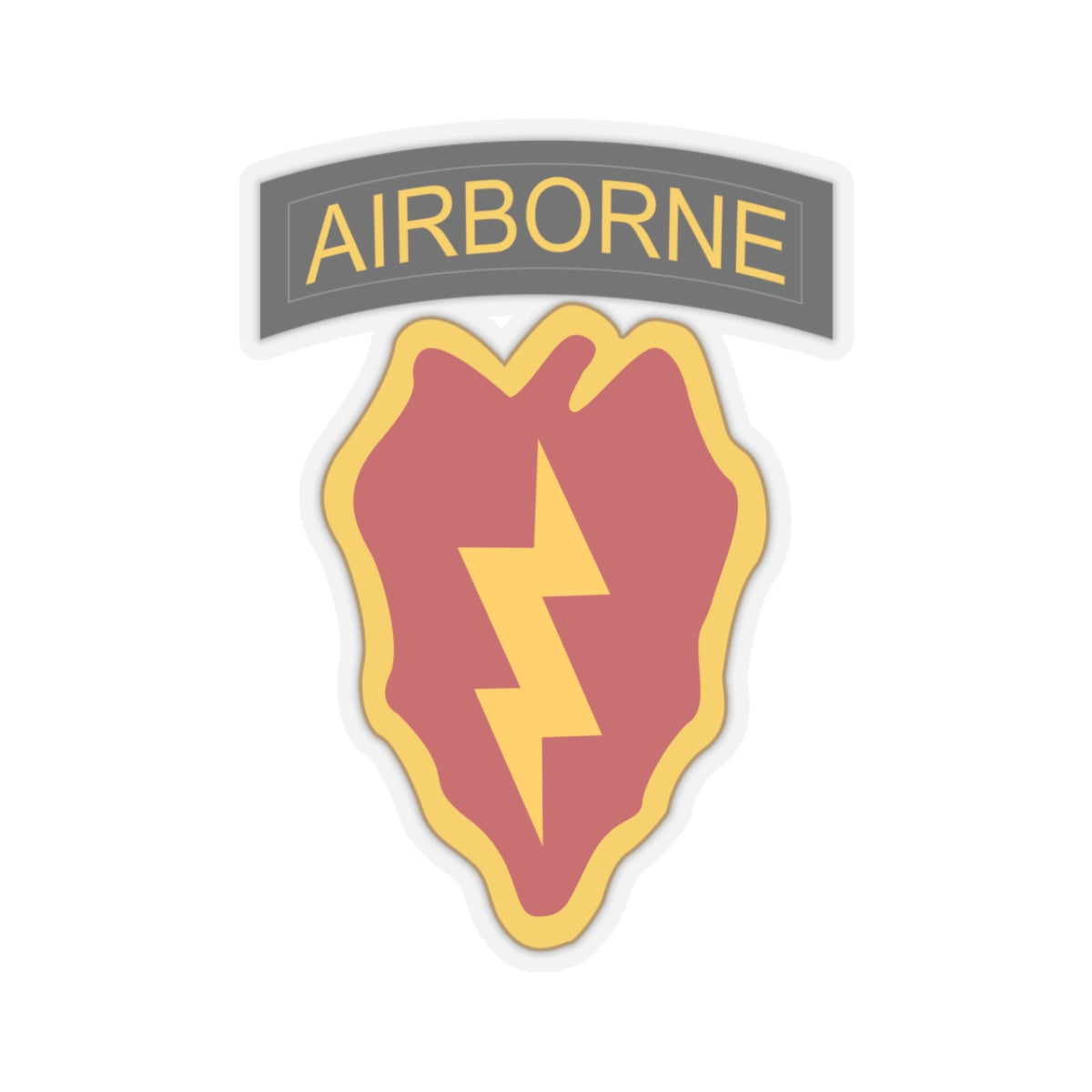 A kiss-Cut Stickers depicting the 25th Infantry Division, known as "Tropic Lightning," is based in Hawaii and is recognized for its rapid-response capabilities in the Pacific region. Its shoulder sleeve insignia (SSI) features a lightning bolt over a taro leaf, symbolizing speed and the unit’s Pacific heritage.