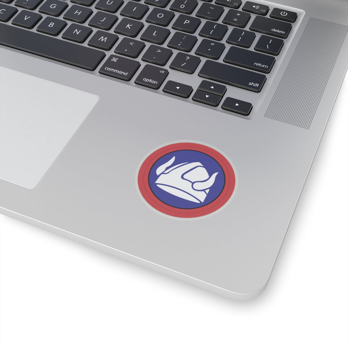 A circular sticker with a white design of a Viking helmet, surrounded by a red ring, against a blue background.