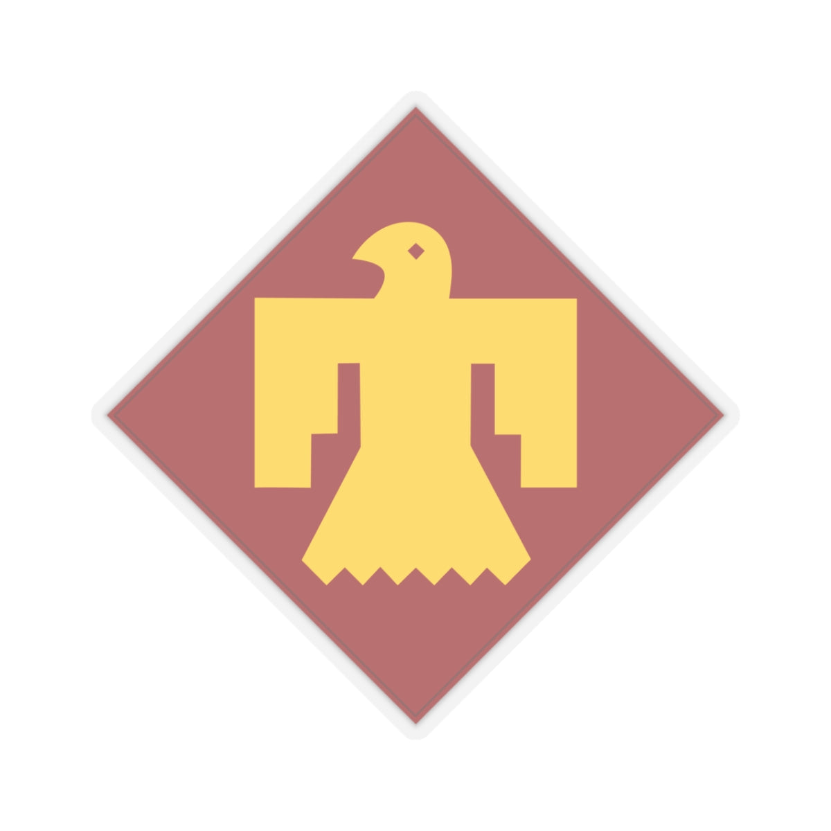 A kiss-Cut Stickers depicting The 45th Infantry Division, known as the "Thunderbird Division," was a National Guard unit primarily made up of troops from Oklahoma, New Mexico, Colorado, and Arizona. Its shoulder sleeve insignia (SSI) features a red Thunderbird on a gold background, symbolizing Native American heritage and strength.
