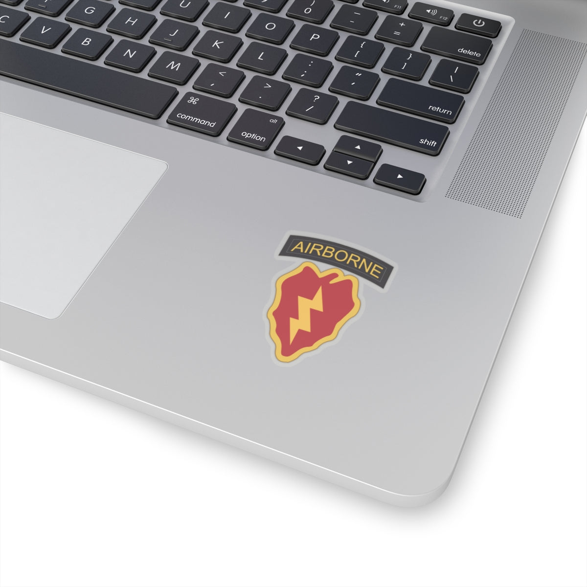 A kiss-Cut Stickers depicting the 25th Infantry Division, known as "Tropic Lightning," is based in Hawaii and is recognized for its rapid-response capabilities in the Pacific region. Its shoulder sleeve insignia (SSI) features a lightning bolt over a taro leaf, symbolizing speed and the unit’s Pacific heritage.