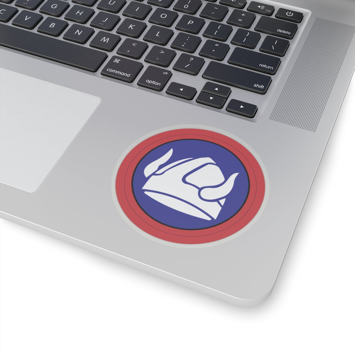 A circular sticker with a white design of a Viking helmet, surrounded by a red ring, against a blue background.