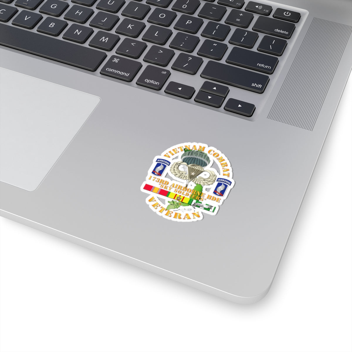 A sticker with a design commemorating the Vietnam Combat Infantry Veteran with the 173rd Airborne Brigade SSI, featuring a parachute, service ribbons, and unit emblems