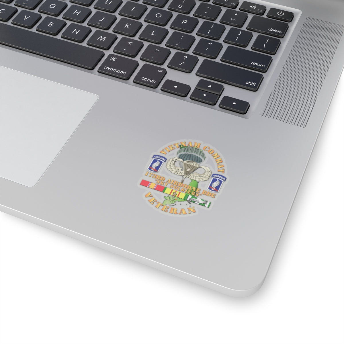 A sticker with a design commemorating the Vietnam Combat Infantry Veteran with the 173rd Airborne Brigade SSI, featuring a parachute, service ribbons, and unit emblems
