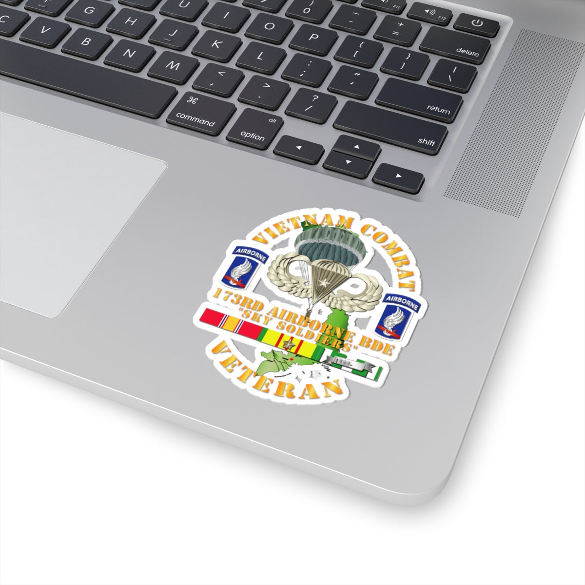 A sticker with a design commemorating the Vietnam Combat Infantry Veteran with the 173rd Airborne Brigade SSI, featuring a parachute, service ribbons, and unit emblems