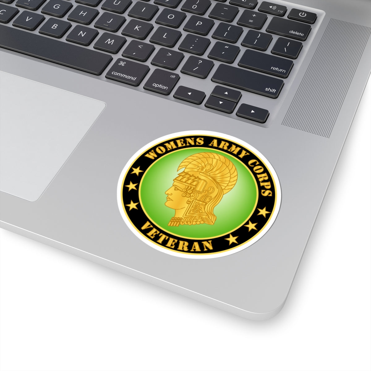 A round sticker with a green background featuring the profile of a woman's head wearing a helmet, with the text 'WOMENS ARMY CORPS VETERAN' and stars..