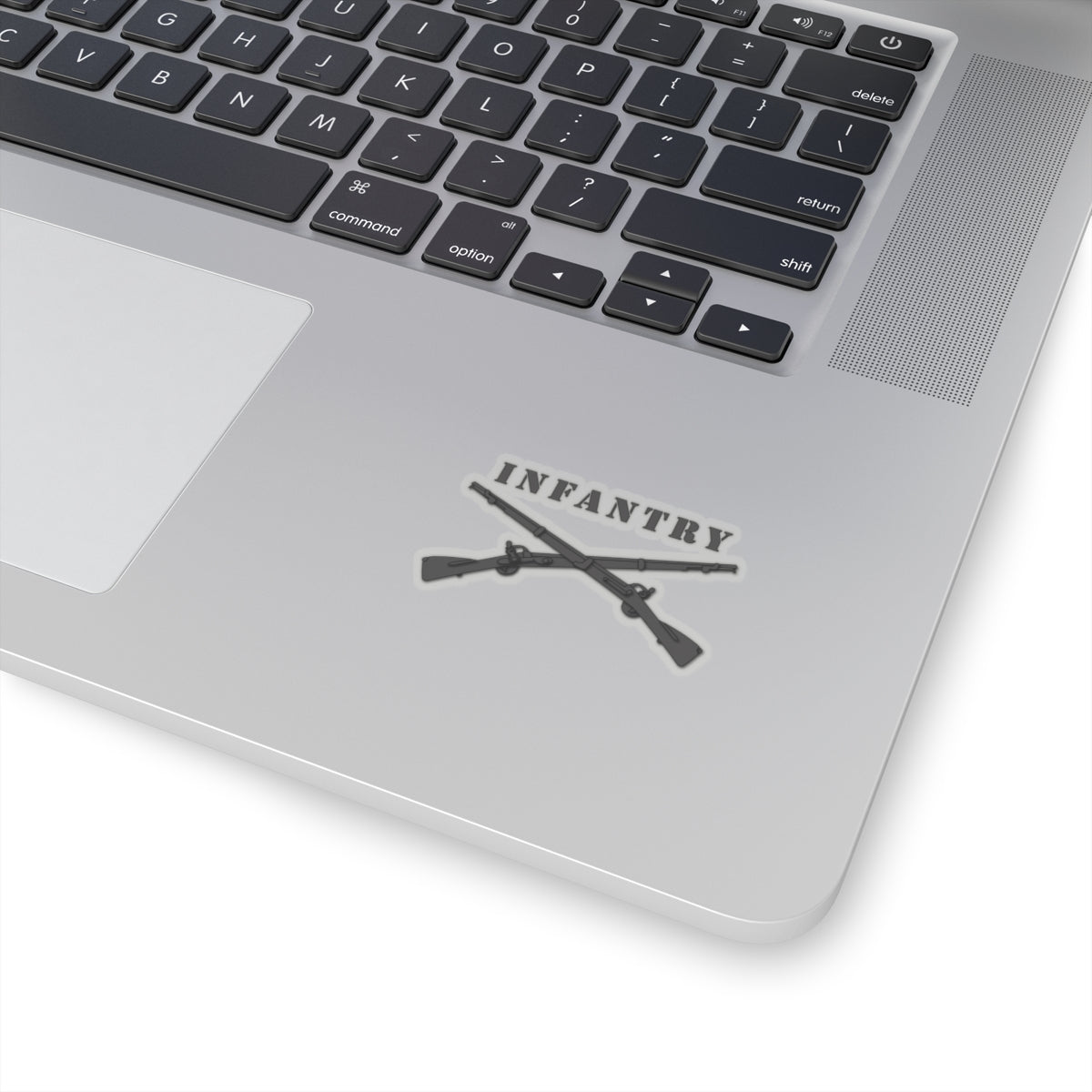 A sticker with a design of crossed black rifles and the text 'INFANTRY'.