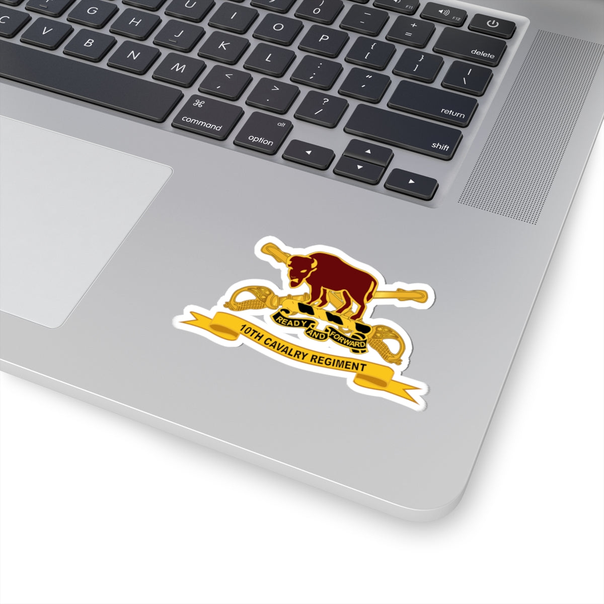A kiss-Cut Stickers depicting the 10th Cavalry Regiment, Ribbon, buffalo, ready and forward