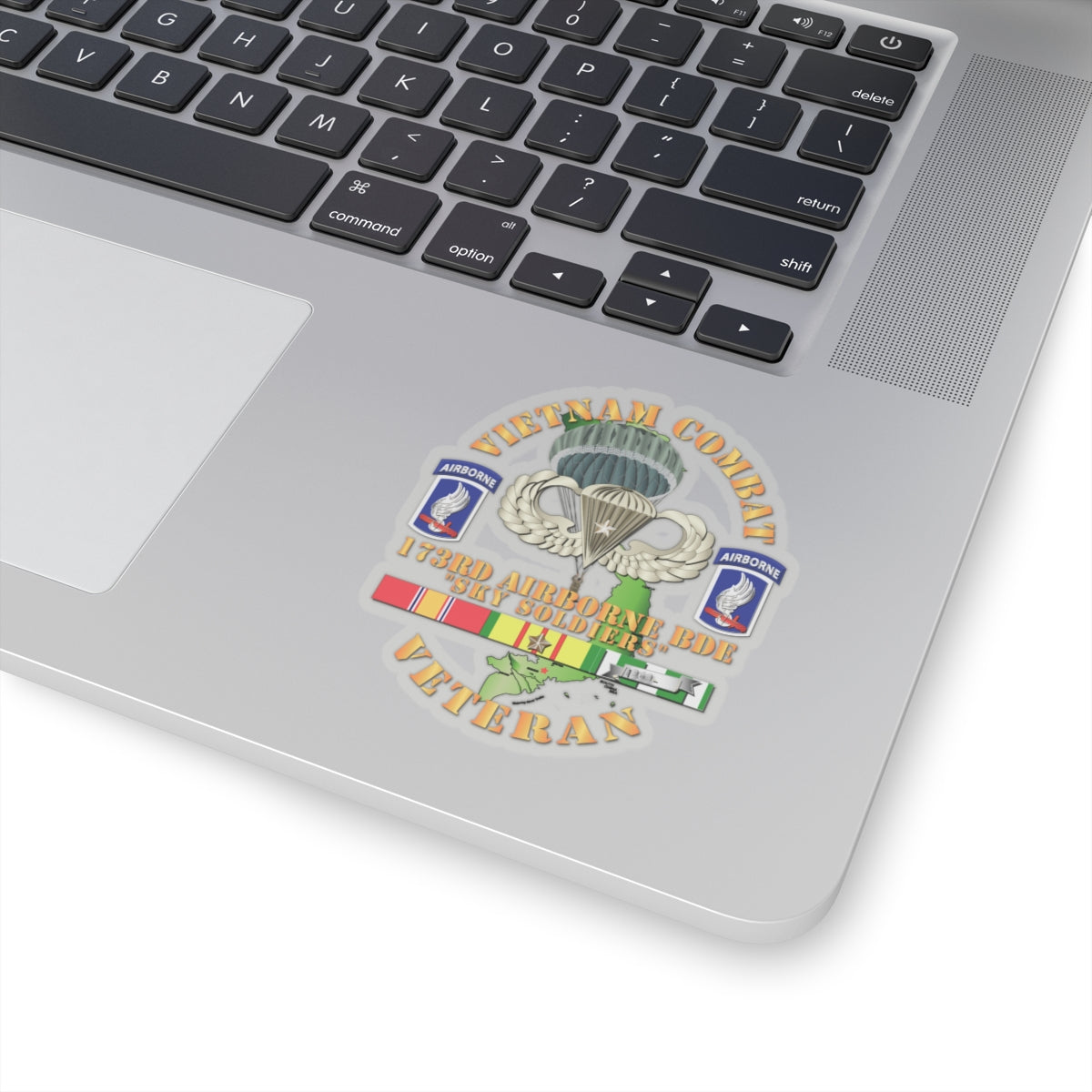 A sticker with a design commemorating the Vietnam Combat Infantry Veteran with the 173rd Airborne Brigade SSI, featuring a parachute, service ribbons, and unit emblems