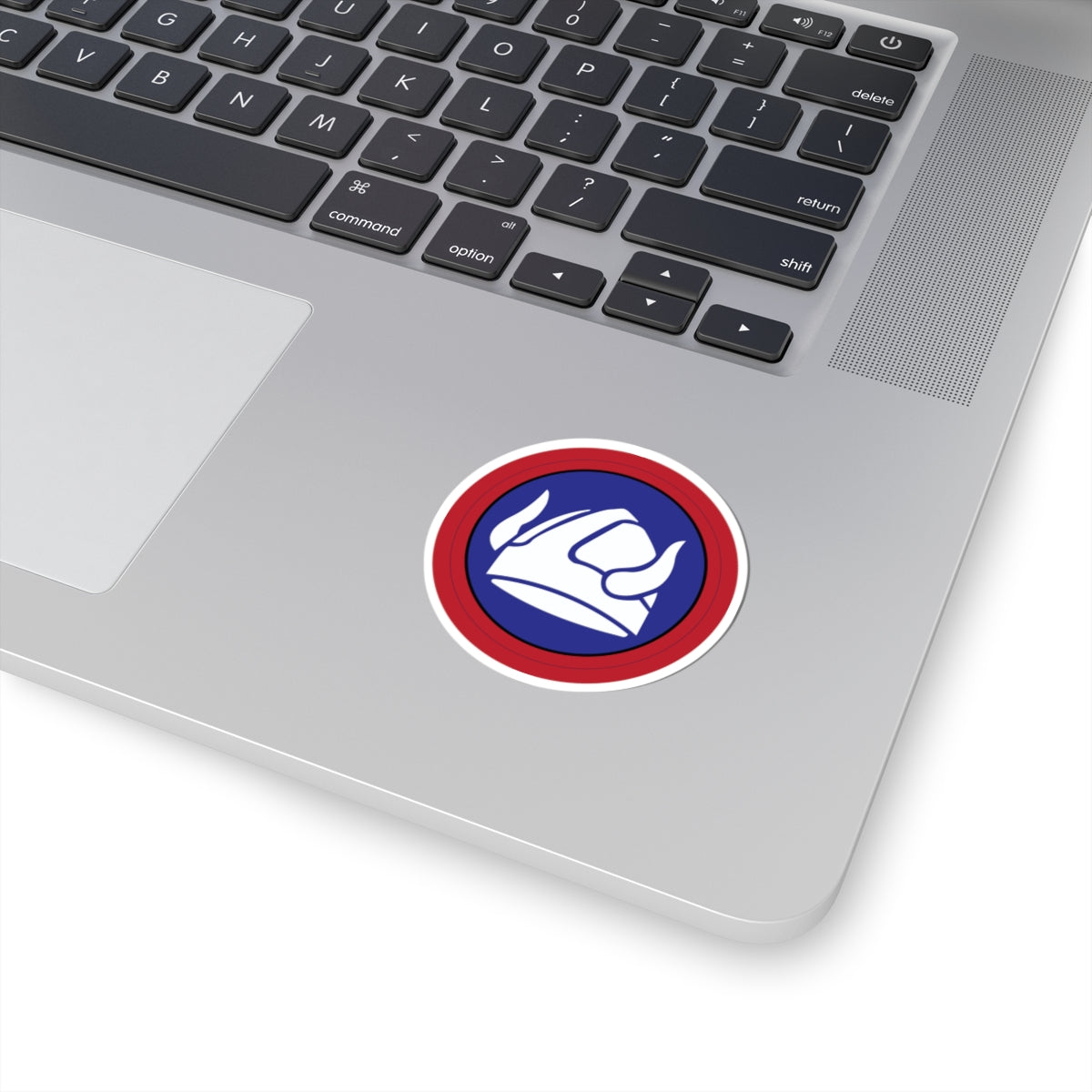 A circular sticker with a white design of a Viking helmet, surrounded by a red ring, against a blue background.