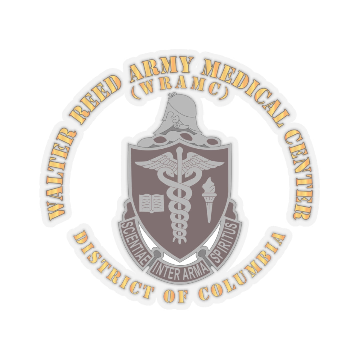 A sticker with the Walter Reed Army Medical Center, District of Columbia, crest featuring a building and medical symbols in grey and colorless design on a white background.