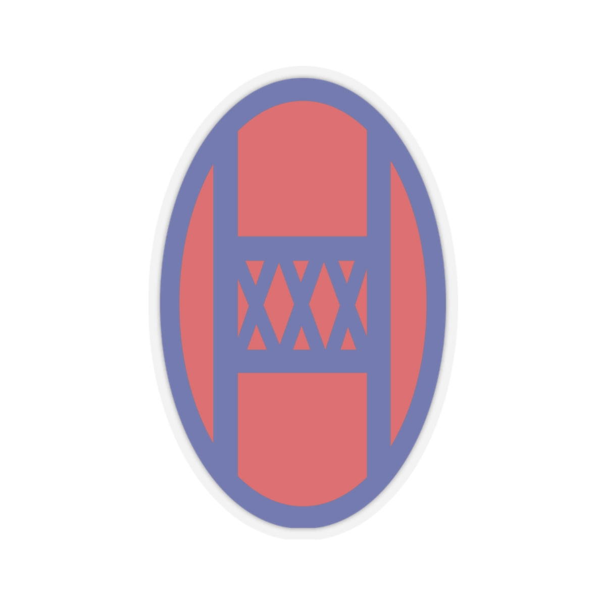 A kiss-Cut Stickers depicting The 30th Infantry Division, nicknamed "Old Hickory" in honor of President Andrew Jackson, was a National Guard unit composed mainly of troops from North Carolina, South Carolina, Georgia, and Tennessee. Its shoulder sleeve insignia (SSI) features an intertwined "O" and "H" on a blue and red background.