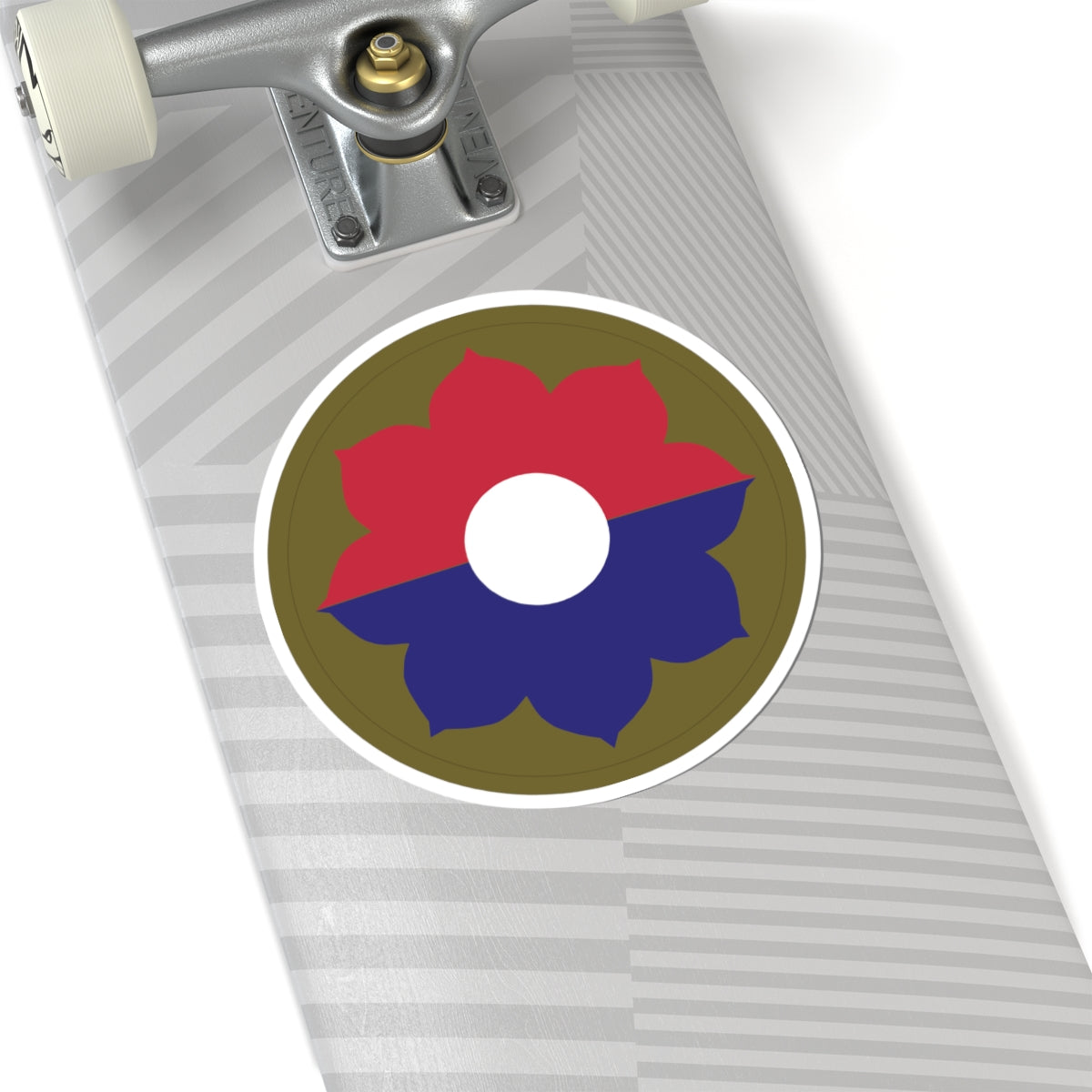 A kiss-Cut Stickers depicting the 9th Infantry Division, nicknamed the "Old Reliables," is a storied U.S. Army unit with a history of service in World War II, Vietnam, and the Cold War. Its shoulder sleeve insignia (SSI) features a red, white, and blue octofoil (eight-petaled figure), symbolizing the division’s numerical designation and readiness.