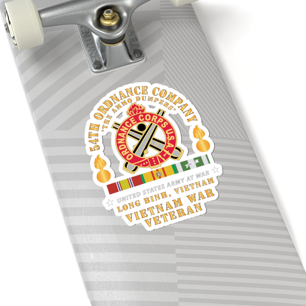 A sticker featuring the emblem of the 54th Ordnance Company with a 'Vietnam War Veteran' inscription and decorative elements in red, white, and yellow colors.
