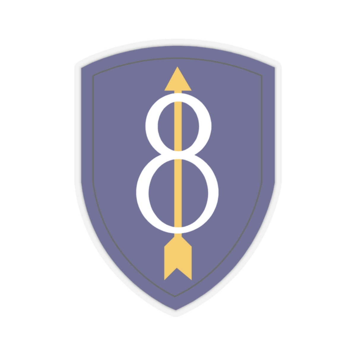 A kiss-Cut Stickers depicting the 8th Infantry Division, known as the "Pathfinder Division," served with distinction in World War I, World War II, and the Cold War. Its shoulder sleeve insignia (SSI) features a gold numeral "8" on a blue shield with a red border, symbolizing strength and tradition.