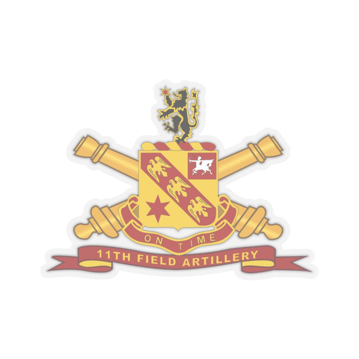 A吻-cut sticker featuring the 11th Field Artillery emblem with a 'BR' ribbon, predominantly in gold and red colors with a white background.