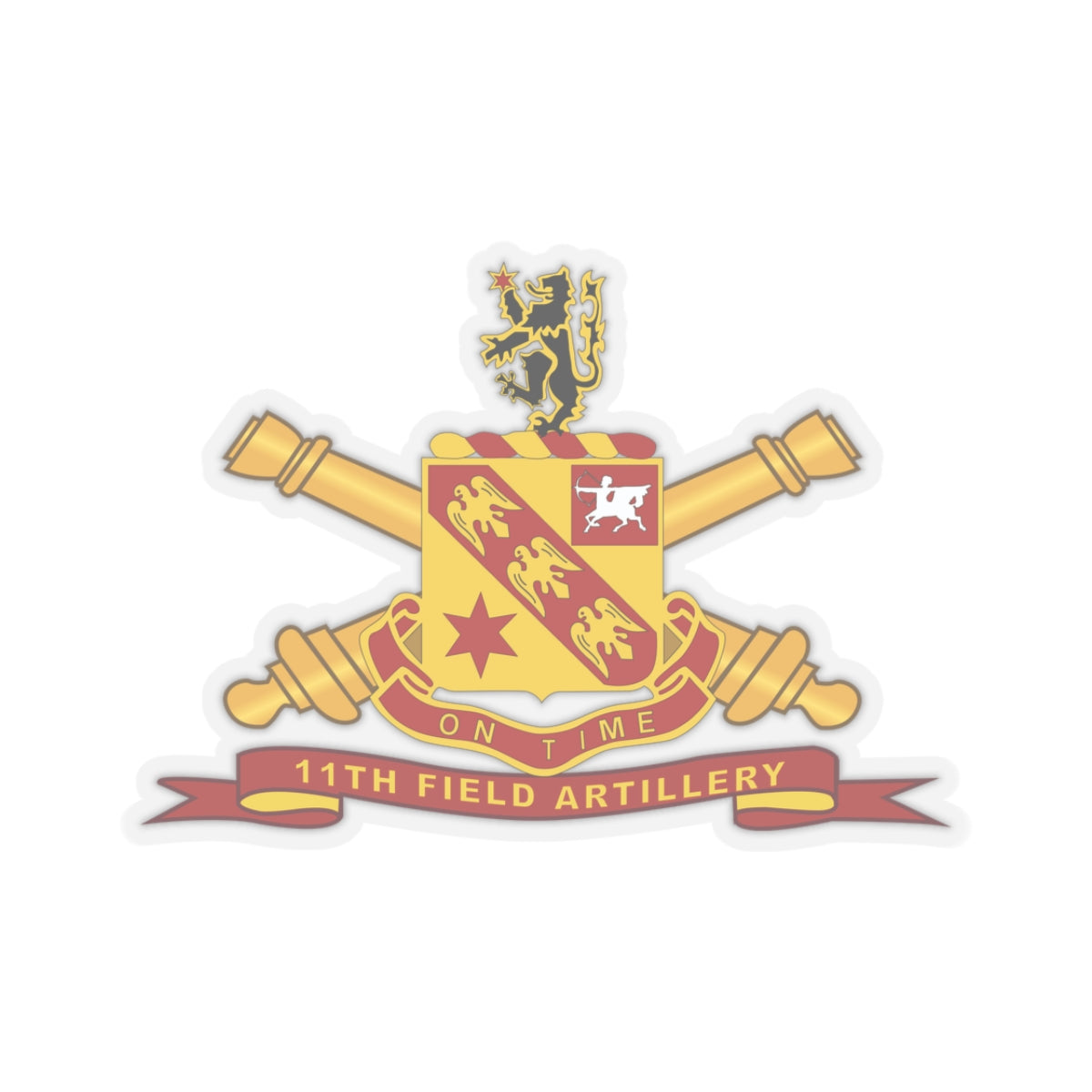 A吻-cut sticker featuring the 11th Field Artillery emblem with a 'BR' ribbon, predominantly in gold and red colors with a white background.