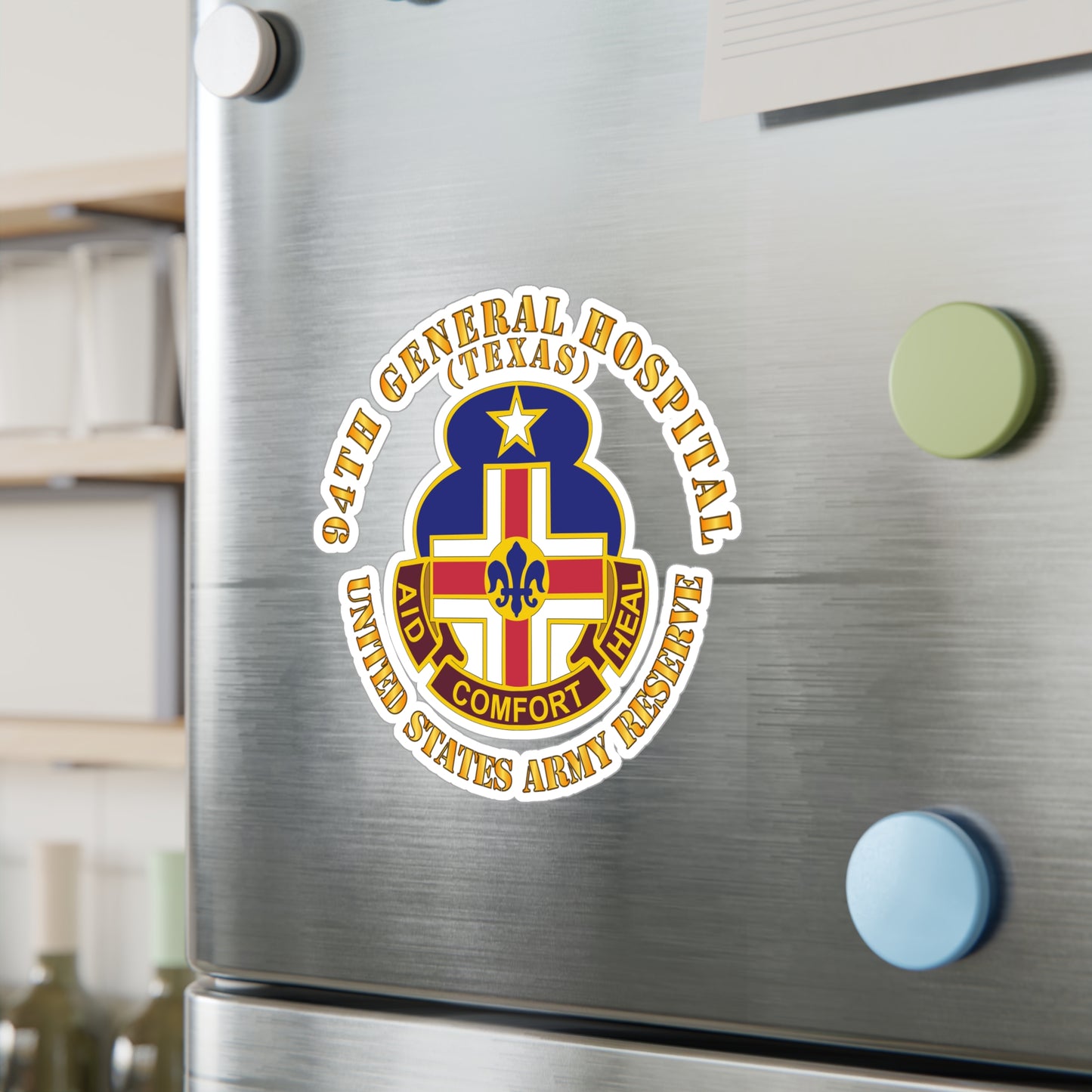 A circular white vinyl decal with a colorful emblem representing the 94th General Hospital, Texas, in the center.