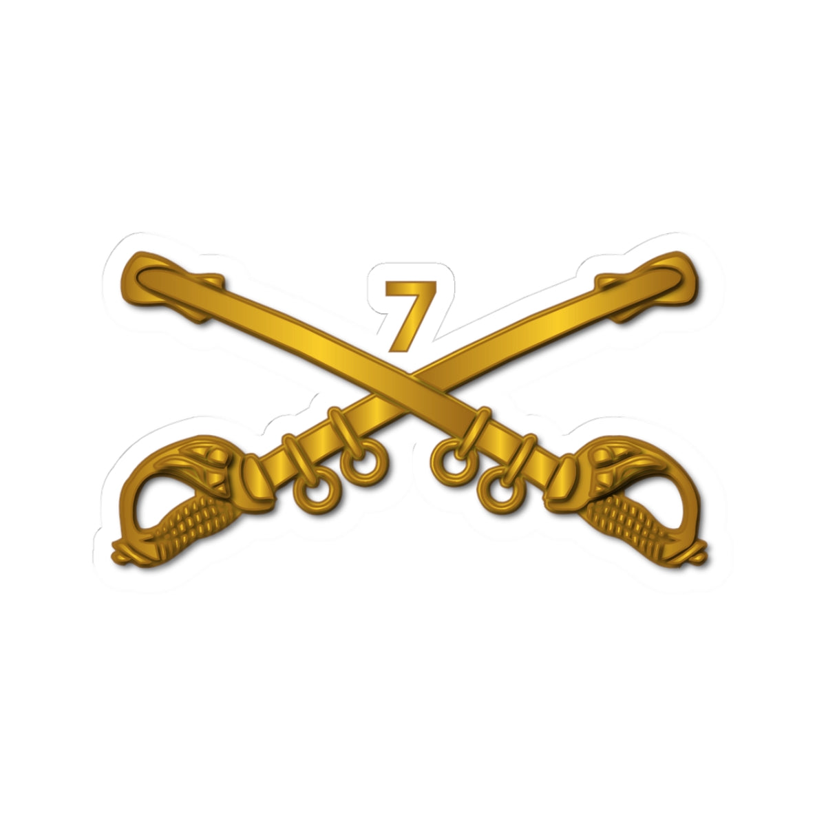 A gold-colored sticker in the shape of a cross with the number 7 and a star, representing the 7th Cavalry Branch.