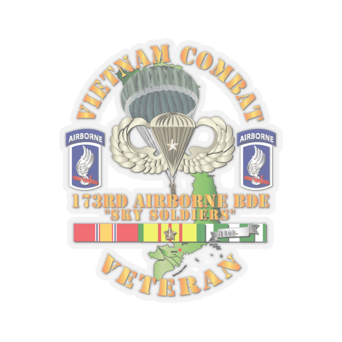 A sticker with a design commemorating the Vietnam Combat Infantry Veteran with the 173rd Airborne Brigade SSI, featuring a parachute, service ribbons, and unit emblems.