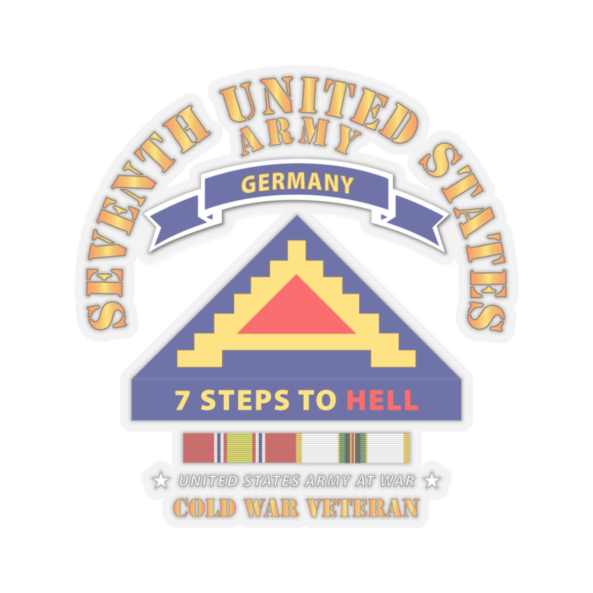 A sticker design featuring the 7th United States Army logo with '7 Steps to Hell' and 'Cold War Veteran' text, along with a representation of the German flag and service stripes.