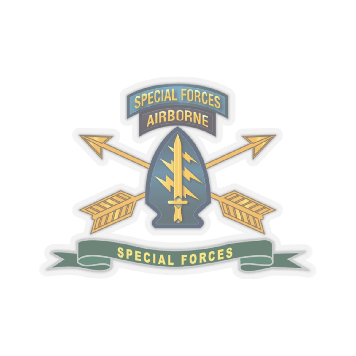 A logo of the United States Army Special Forces with a shield, arrows, and the text 'SPECIAL FORCES AIRBORNE'.