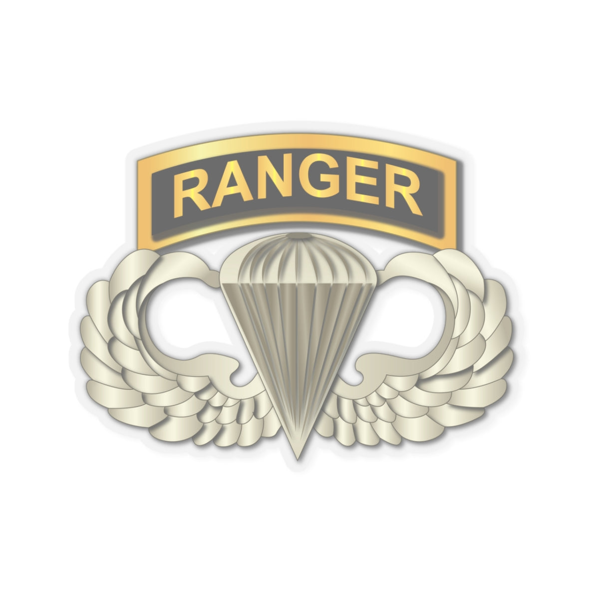 A sticker with a gold-colored ribbon labeled 'RANGER' above a wings and parachute design, signifying the Airborne Badge.