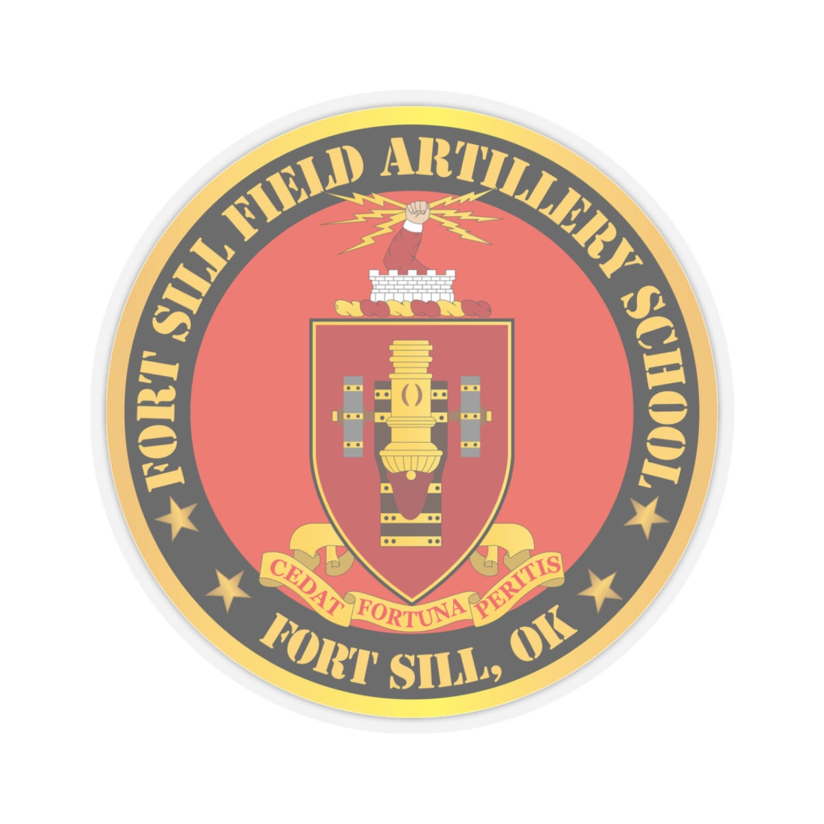 A circular red and gold sticker with the coat of arms of Fort Sill Field Artillery School, including a star and the text 'FORT SILL, OK'.