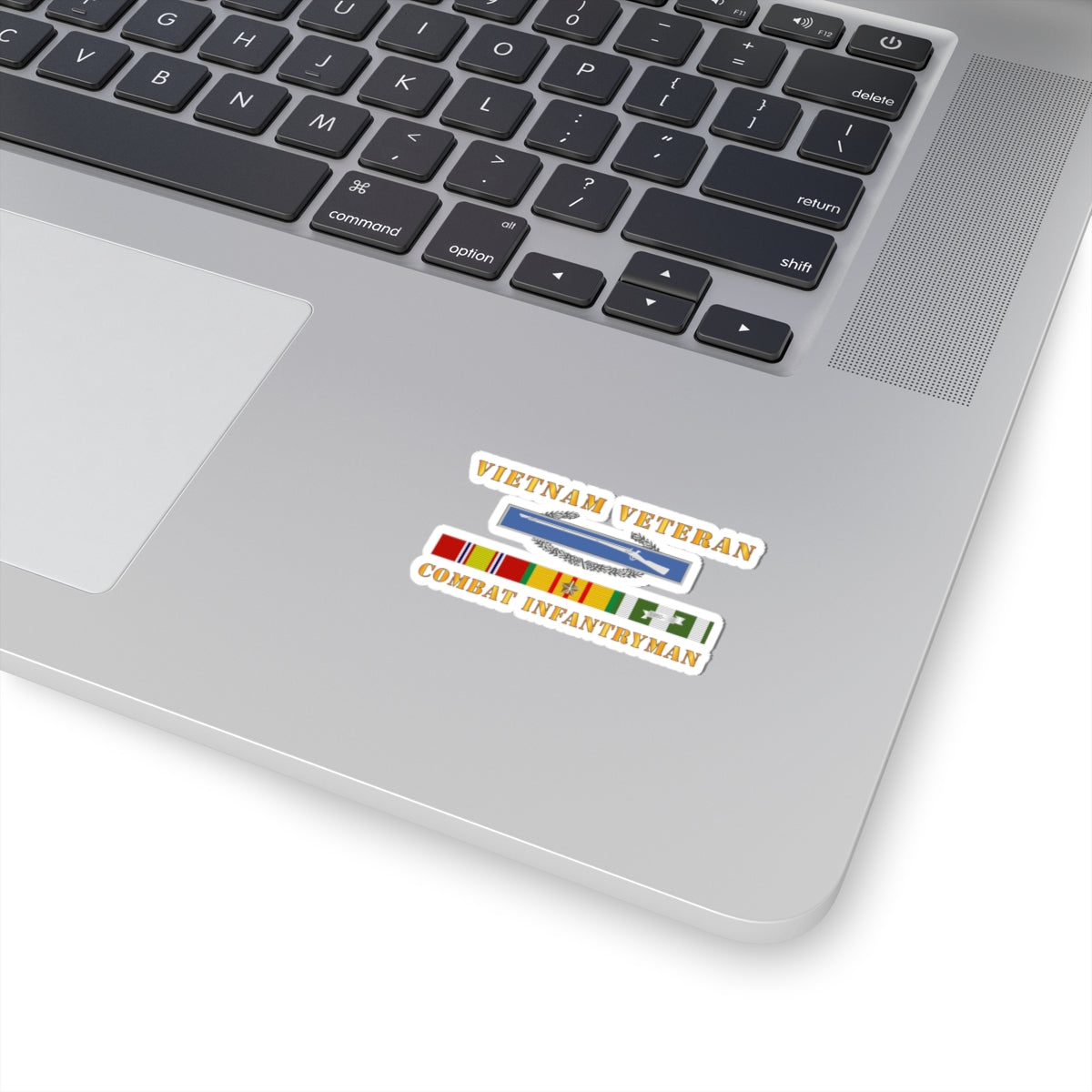 A sticker with a 'VIETNAM VETERAN COMBAT INFANTRYMAN' text and an image of a rifle above a ribbon badge.