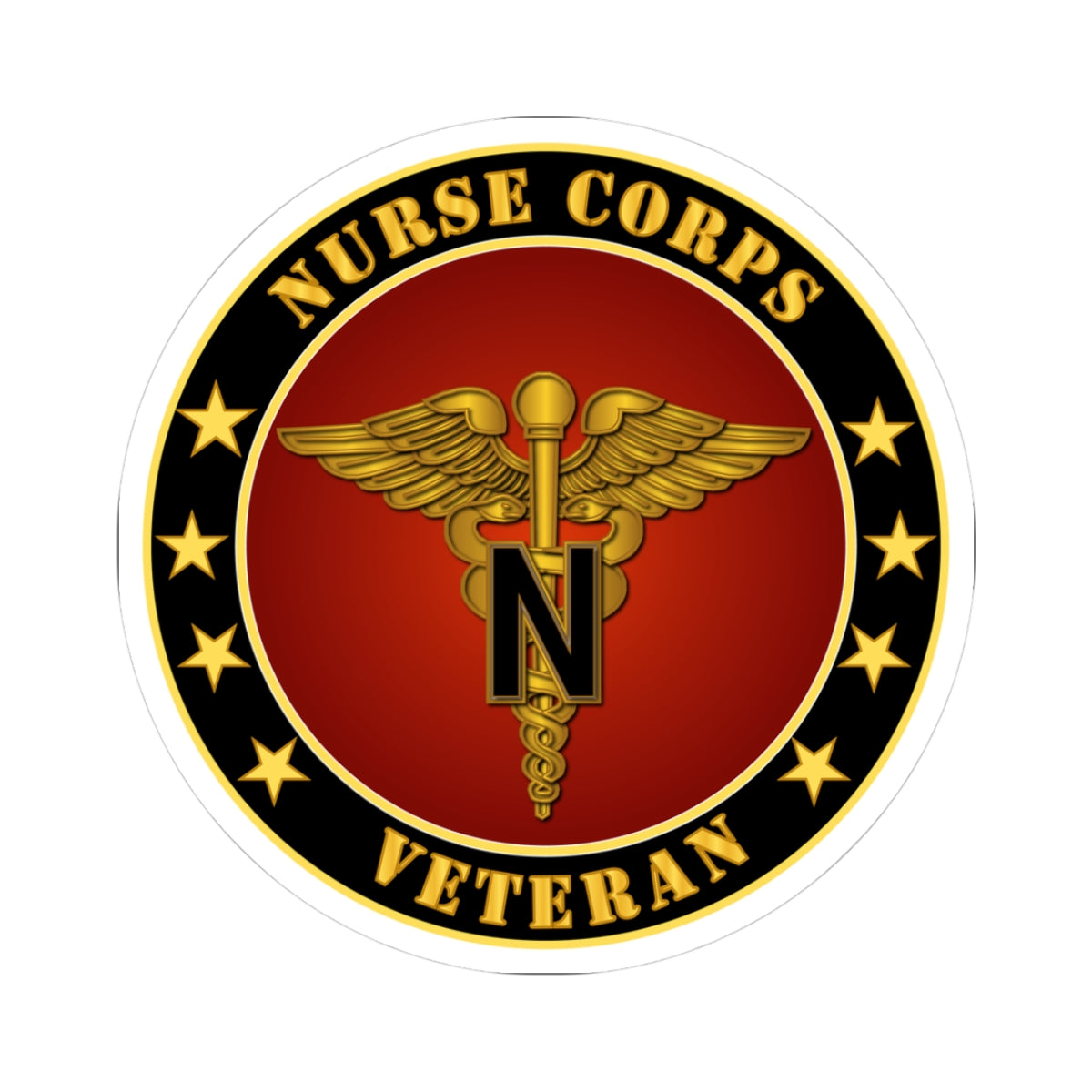 A circular sticker with a red background featuring the caduceus symbol, stars, and the text 'NURSE CORPS VETERAN'. The sticker has a golden border.