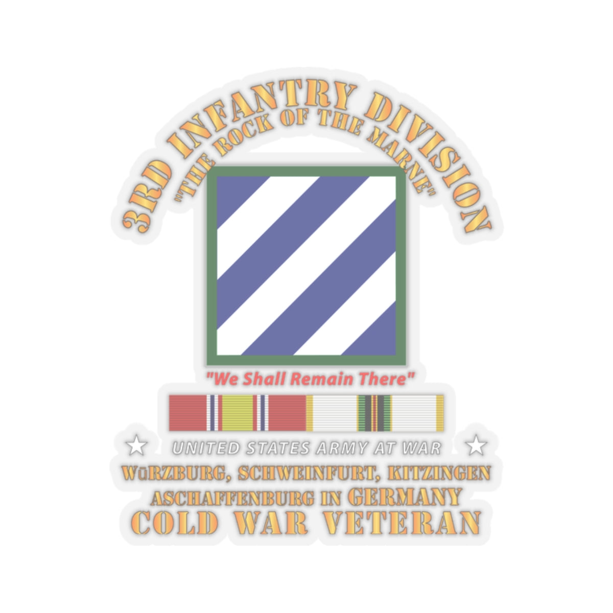 A sticker with the 3rd Infantry Division emblem and text 'Cold War Veteran' along with service ribbons.