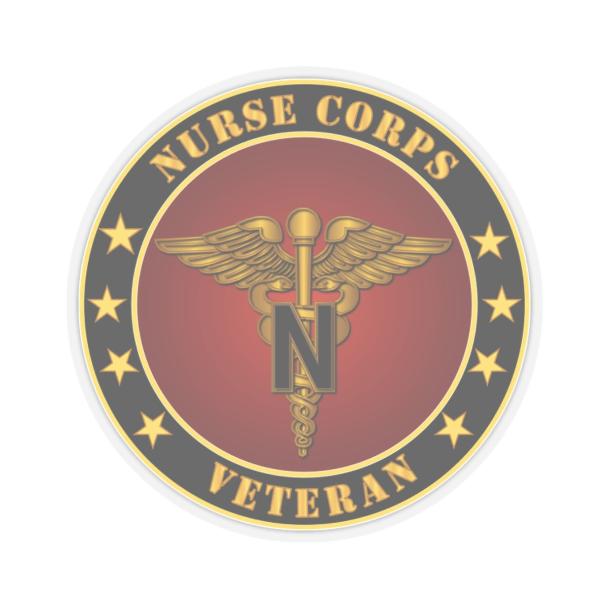 A circular sticker with a red background featuring the caduceus symbol, stars, and the text 'NURSE CORPS VETERAN'. The sticker has a golden border.