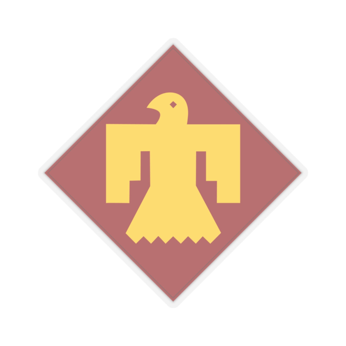 A kiss-Cut Stickers depicting The 45th Infantry Division, known as the "Thunderbird Division," was a National Guard unit primarily made up of troops from Oklahoma, New Mexico, Colorado, and Arizona. Its shoulder sleeve insignia (SSI) features a red Thunderbird on a gold background, symbolizing Native American heritage and strength.