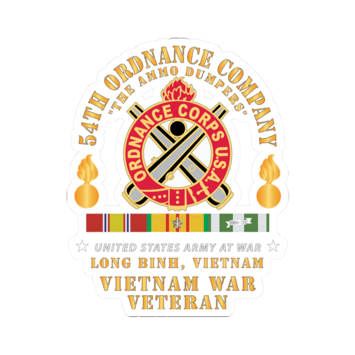 A sticker featuring the emblem of the 54th Ordnance Company with a 'Vietnam War Veteran' inscription and decorative elements in red, white, and yellow colors.
