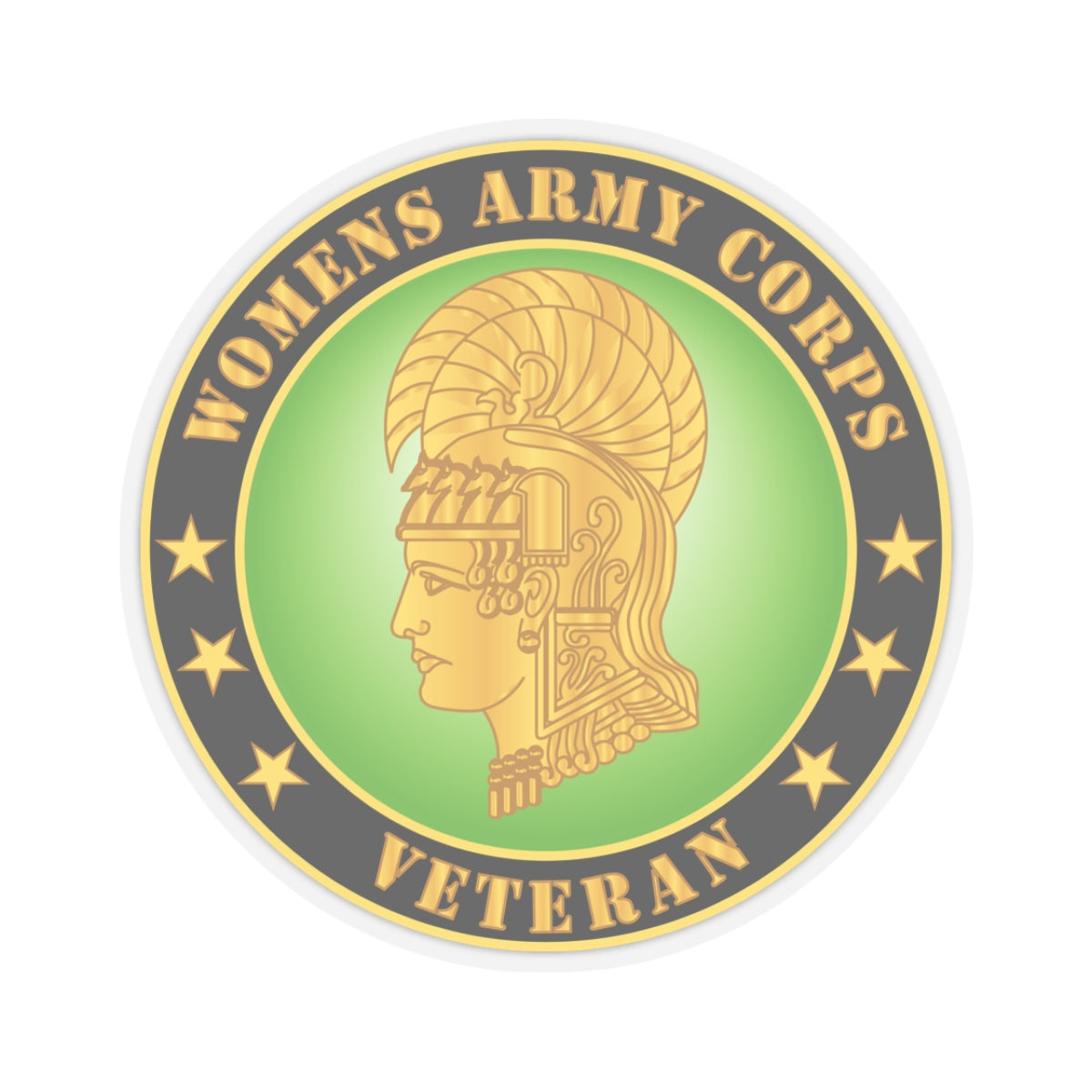 A round sticker with a green background featuring the profile of a woman's head wearing a helmet, with the text 'WOMENS ARMY CORPS VETERAN' and gold accents.