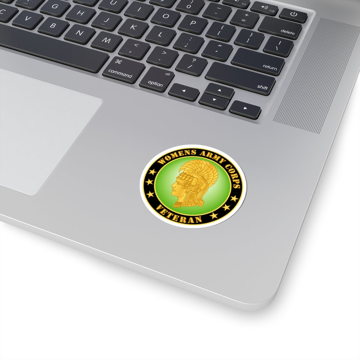 A round sticker with a green background featuring the profile of a woman's head wearing a helmet, with the text 'WOMENS ARMY CORPS VETERAN' and gold accents.