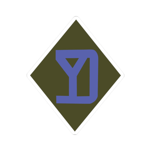 A kiss-Cut Stickers depicting the 26th Infantry Division, nicknamed the "Yankee Division," was composed primarily of National Guard units from New England. Its shoulder sleeve insignia (SSI) features a blue "YD" monogram on an olive drab background.