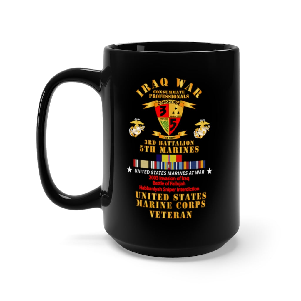 Black Mug 15oz - USMC - Iraq War Veteran - 3rd Bn, 5th Marines w CAR IRAQ SVC