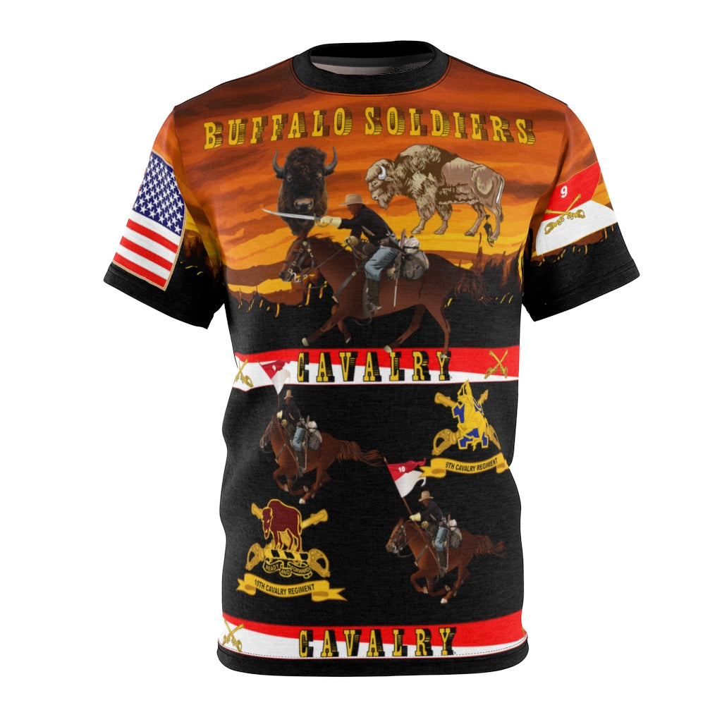 All Over Printing - Army - 9th Cavalry - 10th Cavalry Regiments - Buffalo Soldiers w Cavalrymen & Guidons in Western Sunset