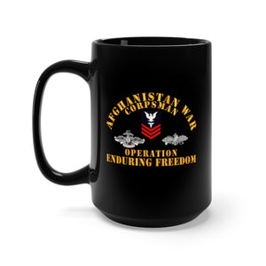 Black Mug 15oz - Navy - Afghanistan War Corpsman - Operation Enduring Freedom - Veteran w FMF - Combat Seebee Badge