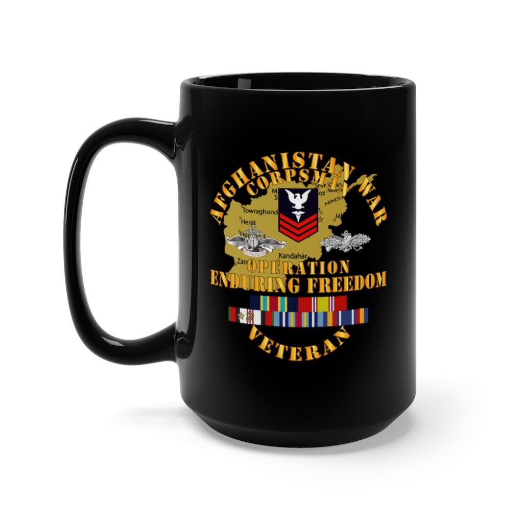 Black Mug 15oz - Navy - Afghanistan War Corpsman - Operation Enduring Freedom - Veteran w FMF - AFGHAN SVC