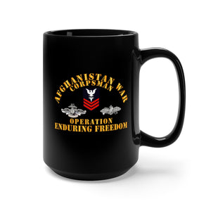 Black Mug 15oz - Navy - Afghanistan War Corpsman - Operation Enduring Freedom - Veteran w FMF - Combat Seebee Badge