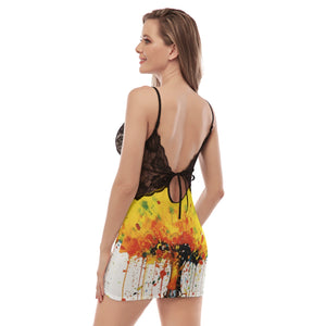 Painted Tree - The Tree - All-Over Print Women's Back Straps Cami Dress With Lace