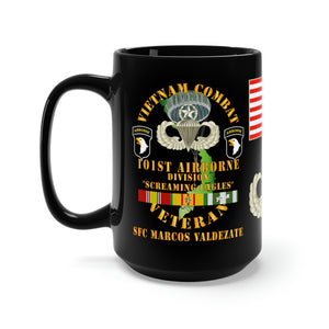 Black Mug 15oz - Army - 101st Airborne Division, "Screaming Eagles" Vietnam Veteran with Jumpmaster Wings - SFC Marcos Valdezate