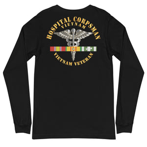 Unisex Long Sleeve Tee Navy - Hospital Corpsman w Vietnam Service Ribbons - Printed on the Back