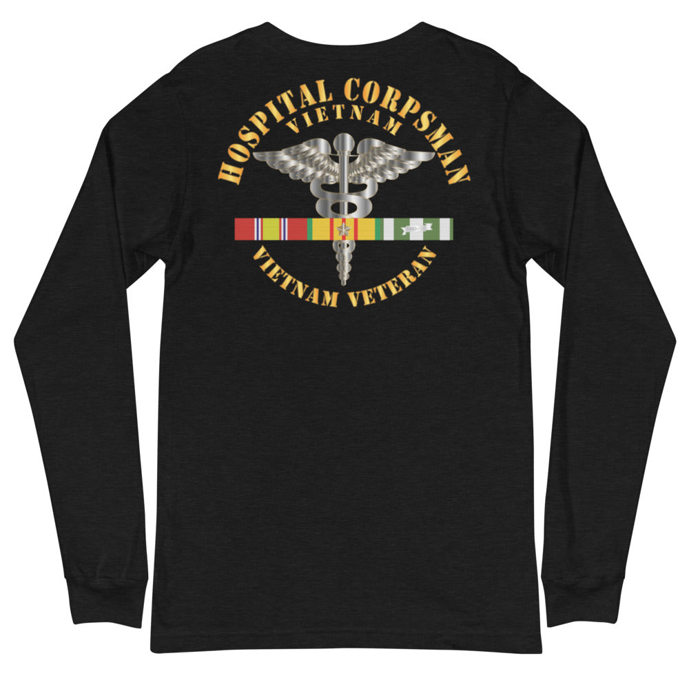 Unisex Long Sleeve Tee Navy - Hospital Corpsman w Vietnam Service Ribbons - Printed on the Back